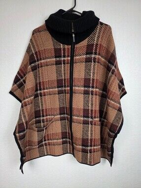Tahari Plaid Zip-Up Knit Poncho Sweater S/M
